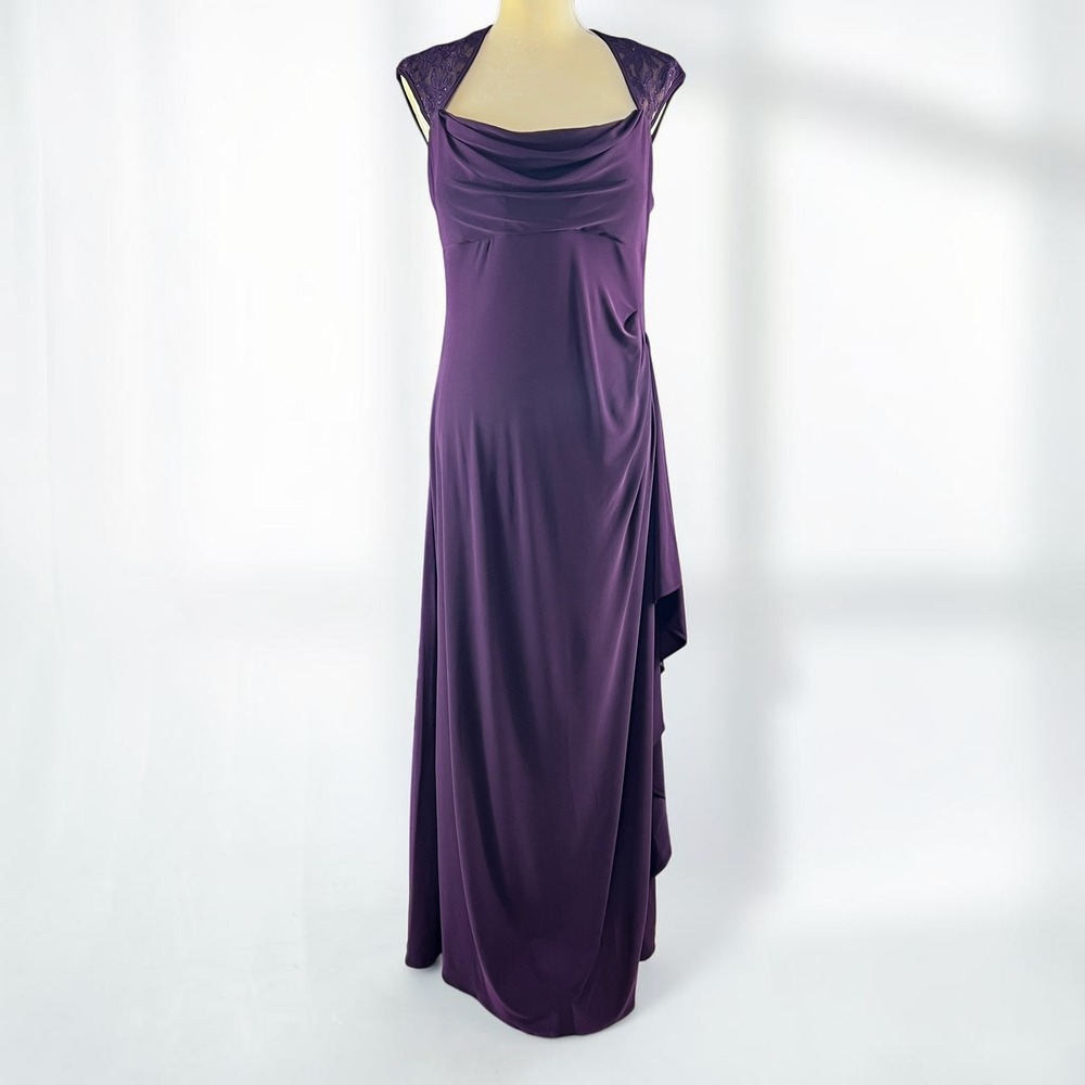 R&M Richards Plum Purple Cowl Neck Lace Cap Sleeve Ruched Evening Gown Size 14